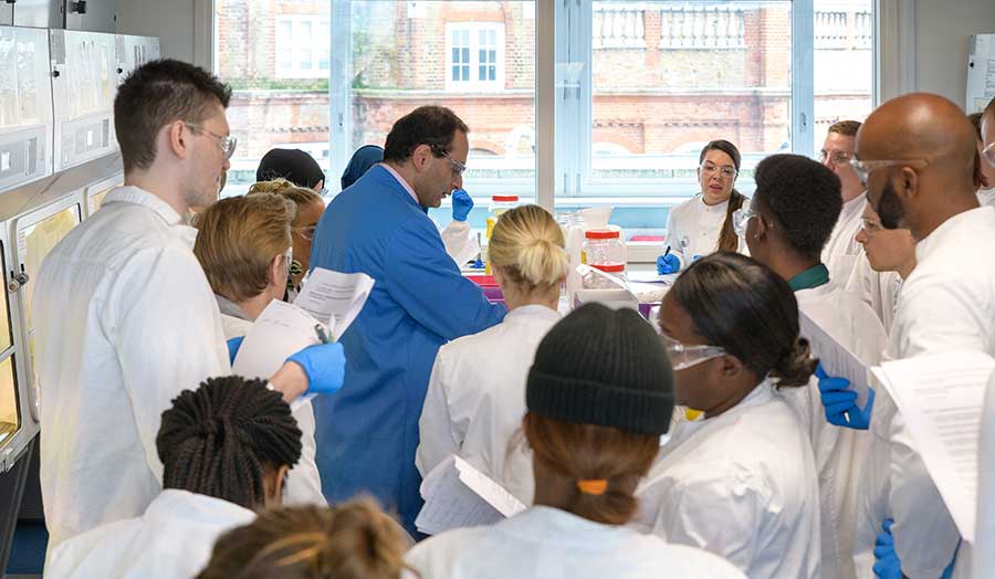 students in the lab watch their tutor demonstrating the experiment
