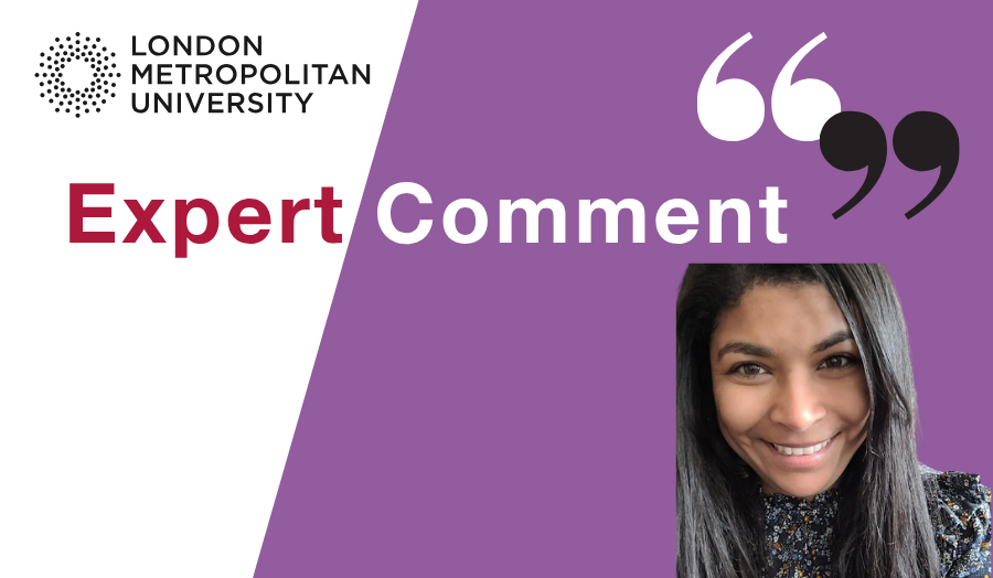 A headshot of a woman is layered on a white and purple graphic with 'expert comment' on it