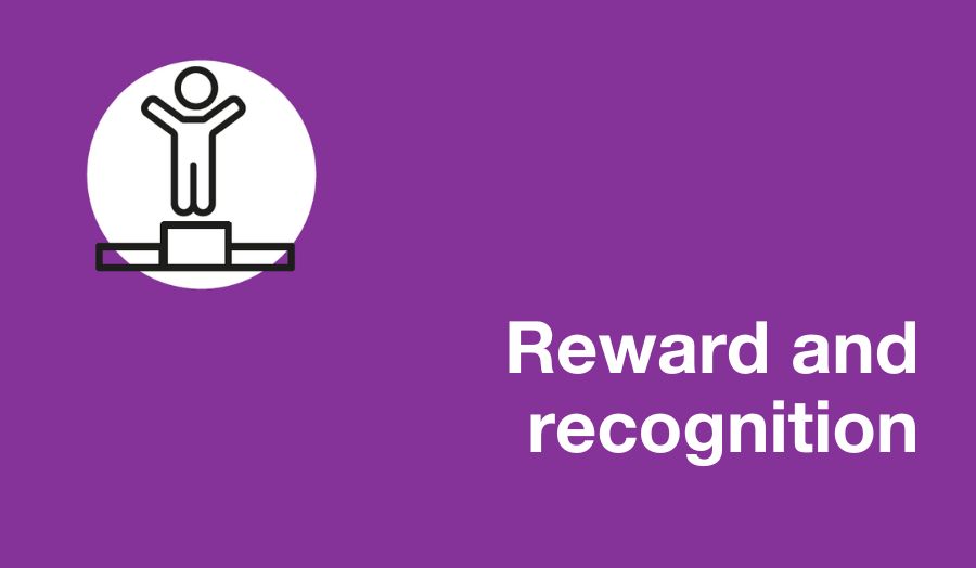 Reward and recognition on a purple background with a logo