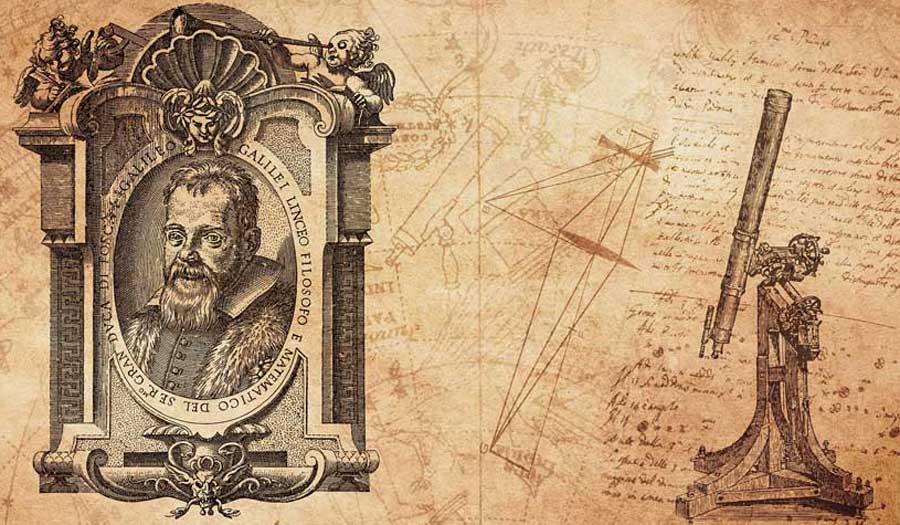 a drawing of Galileo's portrait, a telescope and what looks like Galileo's writing and drawings
