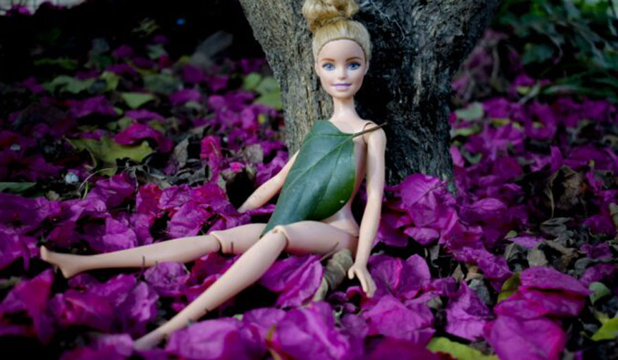 a barbie covered by a leaf