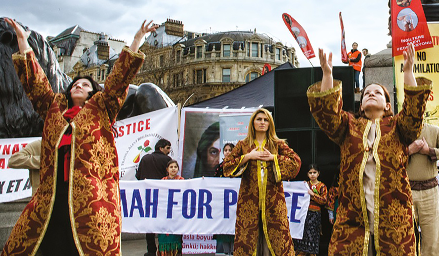 Photograph of Alevis people at a demonstration in London.