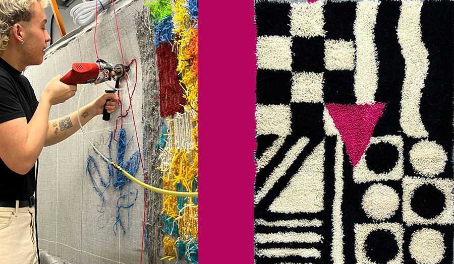 A student working on a rug