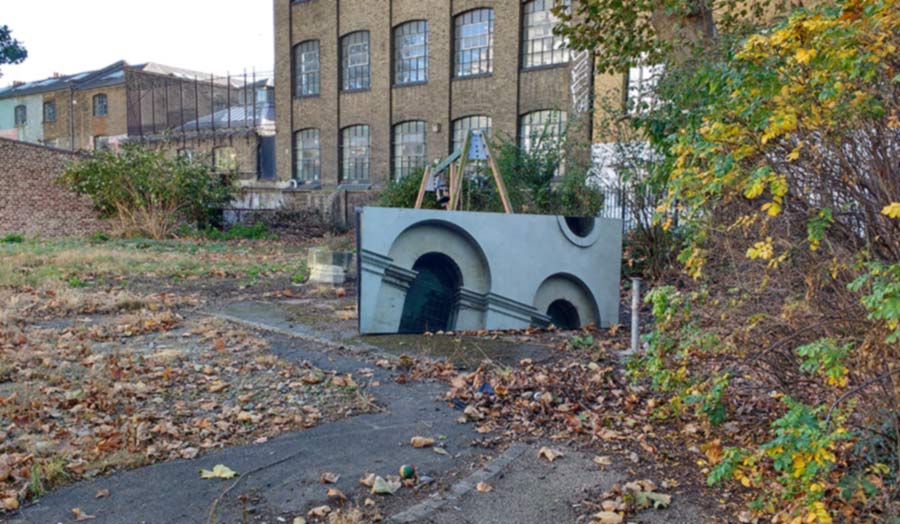 A view in autumn outside an industrial building and with an arched panel