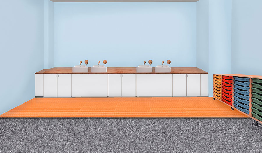 a CAD rendering of a classroom wet area, with sinks and flooring