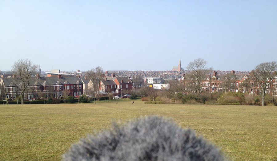 Danny bright with a minrophone, in a field.