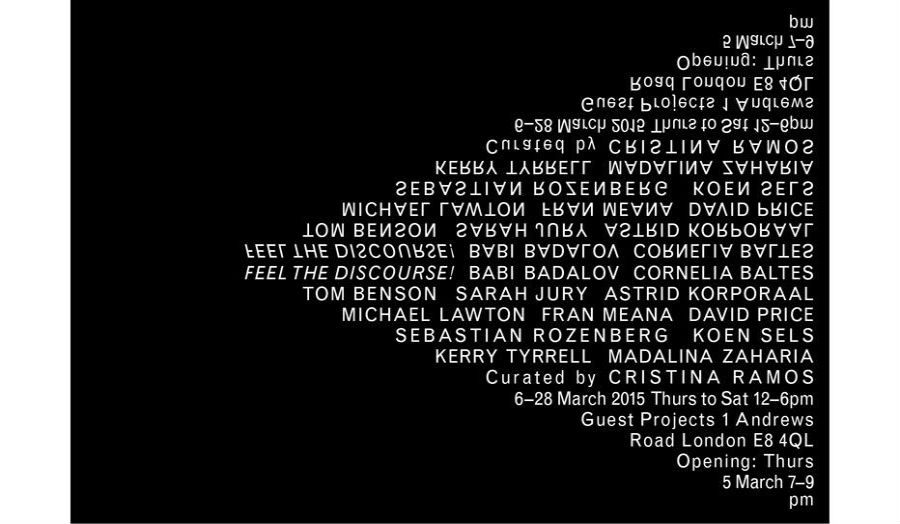 Writing in a triangle, against a black background which details the artists and the opening times