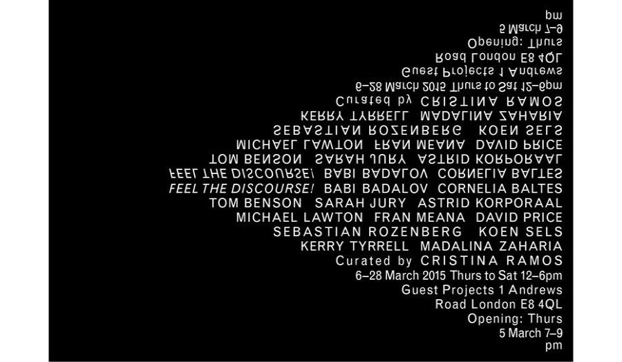 Writing in a triangle, against a black background which details the artists and the opening times