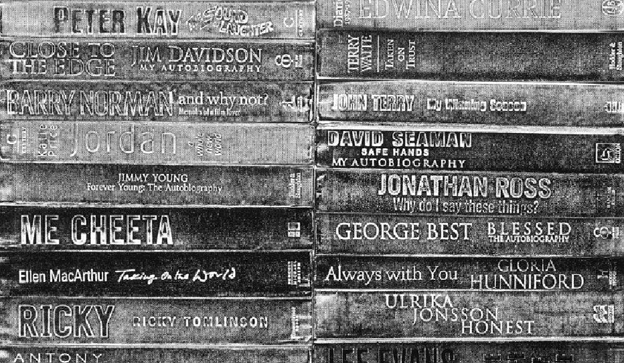 A black and white print of a stack of autobiographies, collected from charity shops by Leigh Clarke