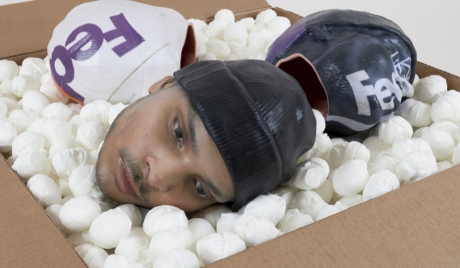 Kline Josh Packing for Peanuts Fedex Worker’s Head with Knit Cap 2014 USA Photo by Joerg Lohse (DETAIL)