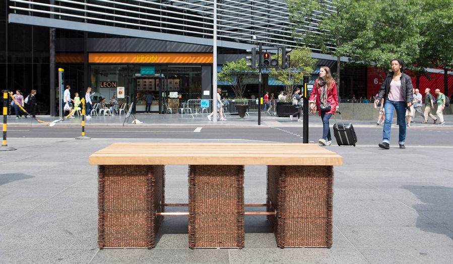 Bench made of stacked coins