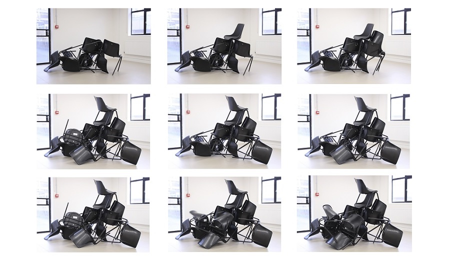 a series of black and white images of piles of plastic chairs