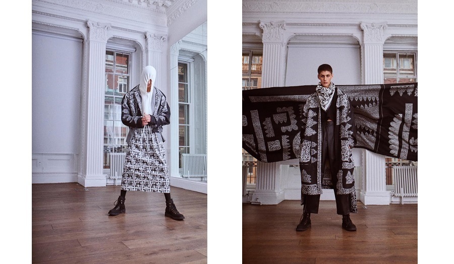 Two images of male models in designs by leading label Edward Crutchley