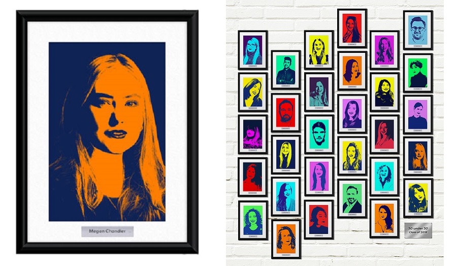 womans face illustrated in orange and black in a frame  next to wall of similar portraits 