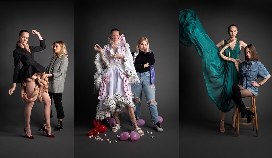 Three fashion garments worn by a model  with their designers