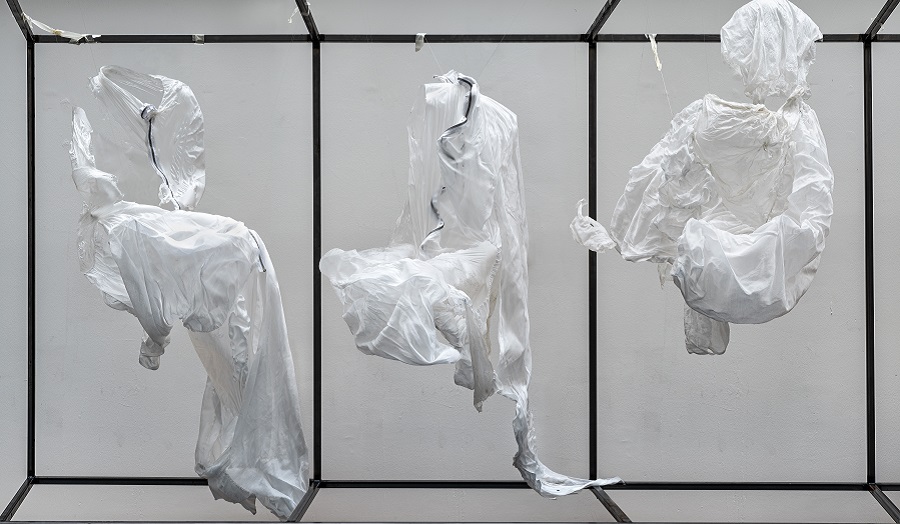 fabric suspended in a metal frame
