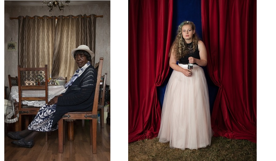 one image of an elderly woman seated and one of a girl in a prom dress