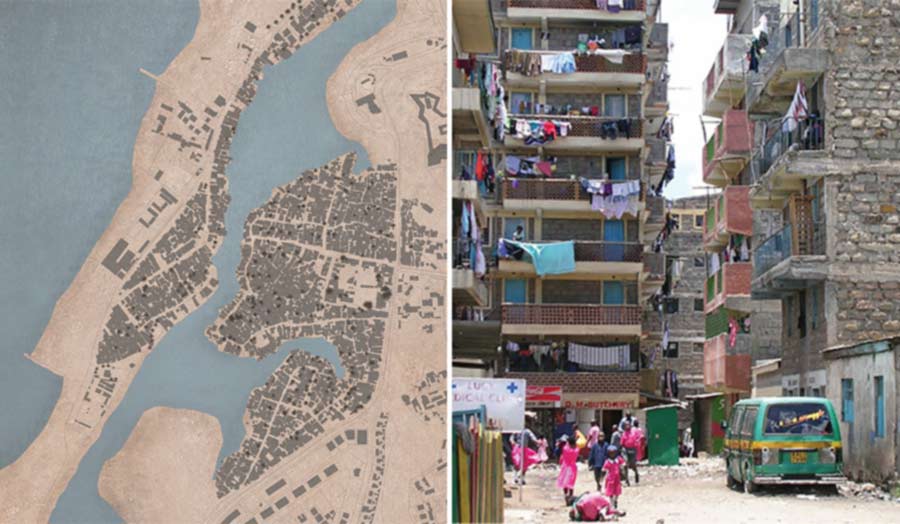 Photo by Margarita Doneva showing a coastline map next to an urban city photo 