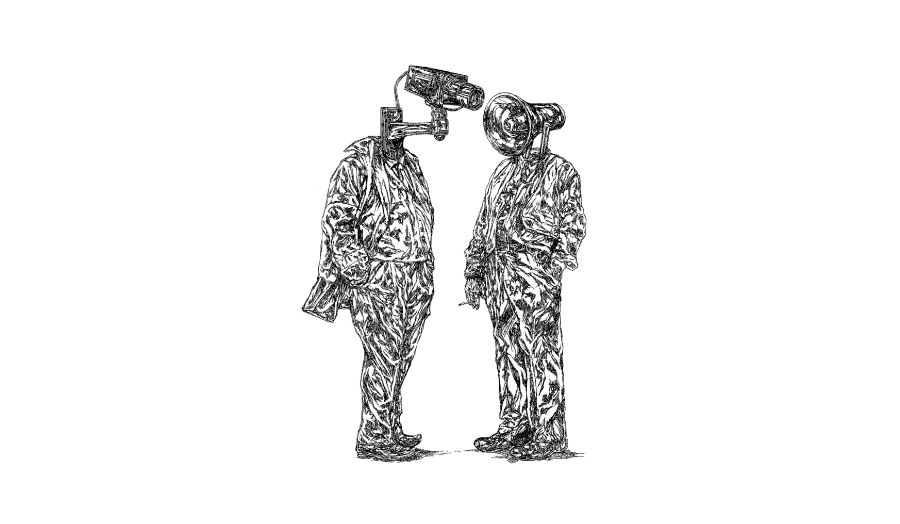 Two cartoon human figures with surveillance cameras as heads