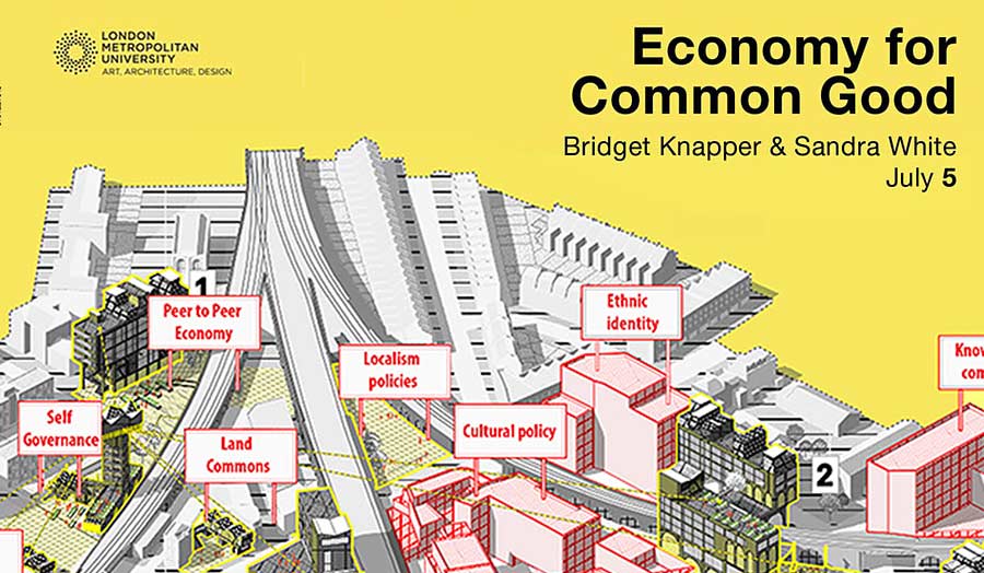 An illustration of a city map with various billboards with notions of public commons