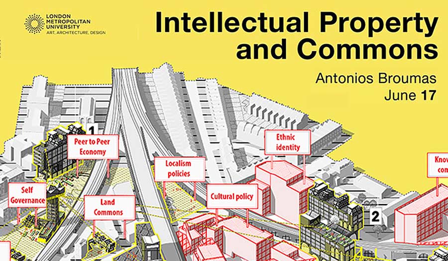 An illustration of a city map with various billboards with notions of public commons