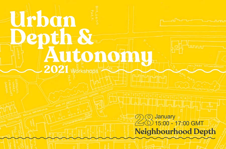 A poster announcing the event with a faded white line drawing of a city map on yellow background