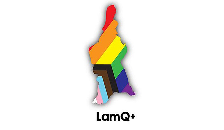 Logo made with the geographical outline of Lambeth filled with multicoloured stripes