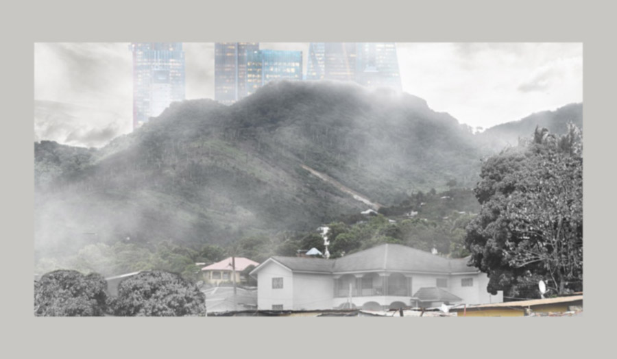 A house on the mountain with tall buildings behind