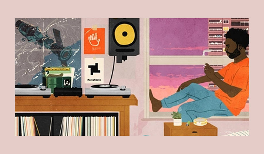 A colourful graphic in which a seated black man smokes a cigarette next to a Dj decks