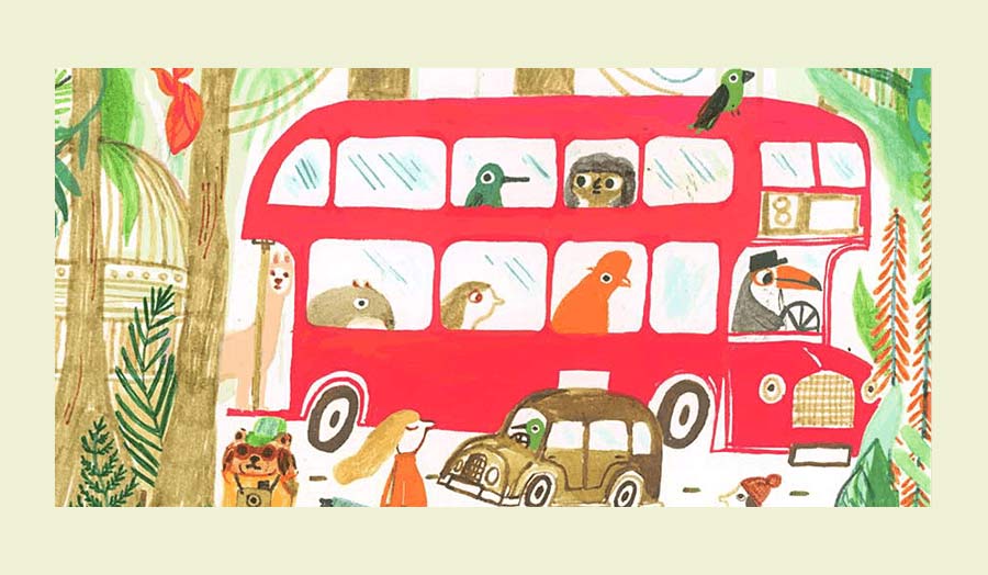 An illustration where a double-decker bus is driven by an impersonated bird and the bus is filled with a mix of people and creatures sitting and looking out the windows