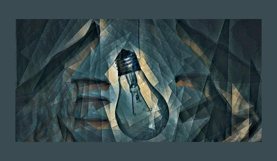 A light bulb with a cubist style background