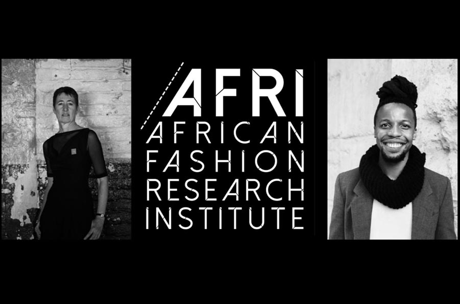 Two black and white portraits with white AFRI logo on a black background in the centre
