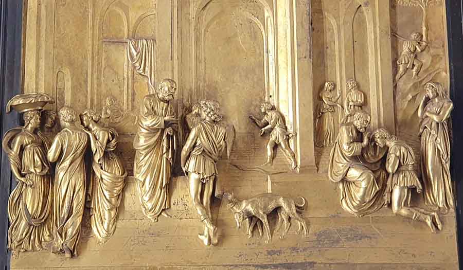 Engraving on a gold panel of a group of people in 15th century Florence
