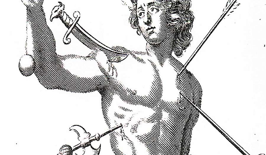 Etching of a male figure pierced by arrows and swords