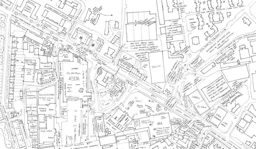 hand drawing of annotated city map