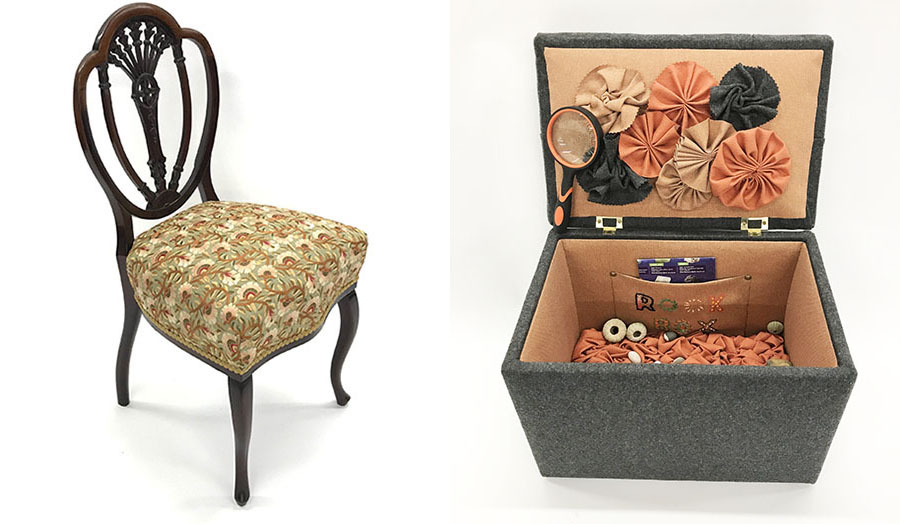 a wooden upholstered chair and a patterned storage box