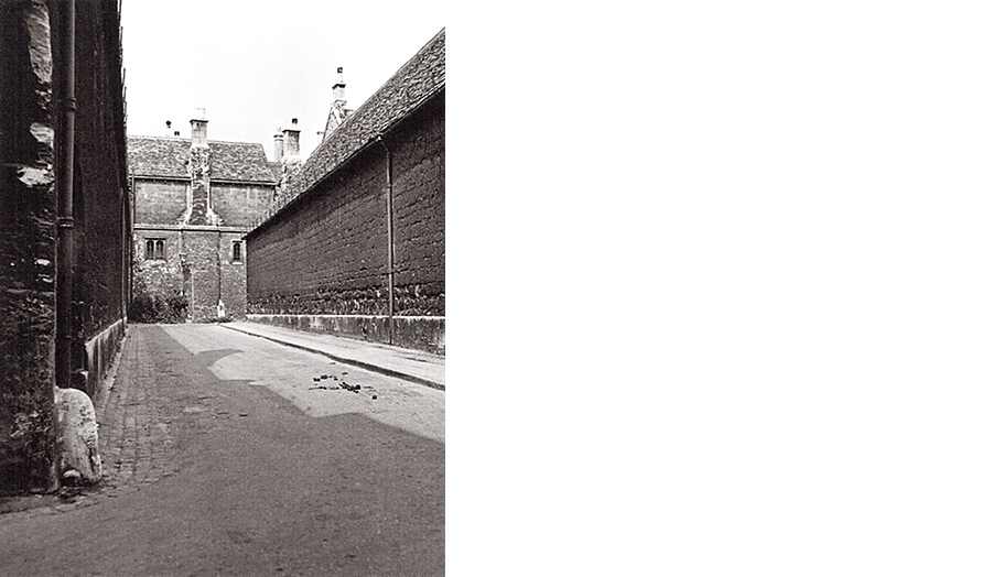 Black and white photograph entitled Queen’s Lane View 9, Oxford – photo by Nikolaus Pevsner.