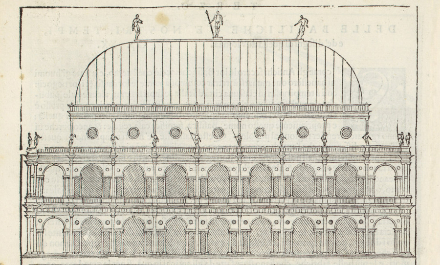Image of an architectural drawing titled Ideal Plan and Elevation of the Basilica di Vicenza.