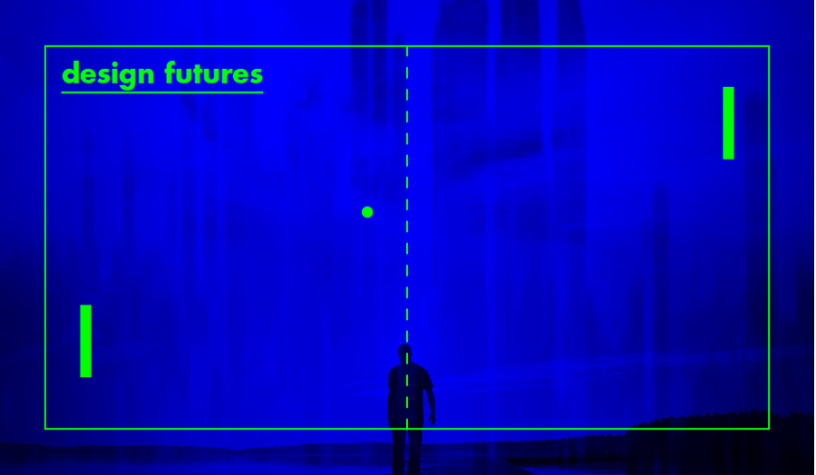 Small silhouette of a man with heading 'design futures' with bat and ball computer game at front 