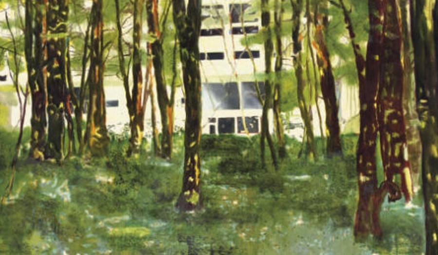 Painting of concrete cabin in woods