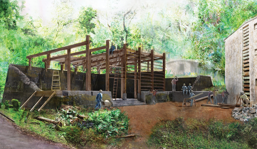 Timber frame addition to stone ruins under construction with workers in jungle landscape