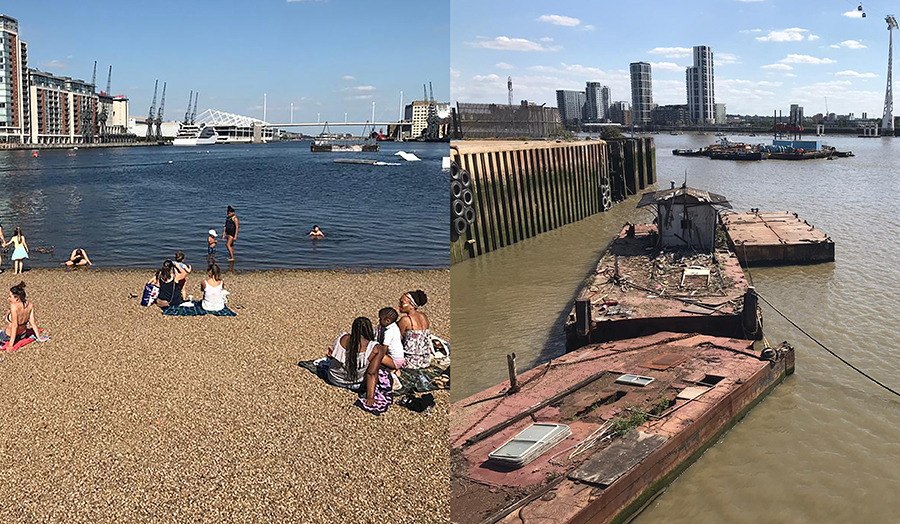 Split image with bathers at Thames beach on left and barges on Thames with tower blocks on right