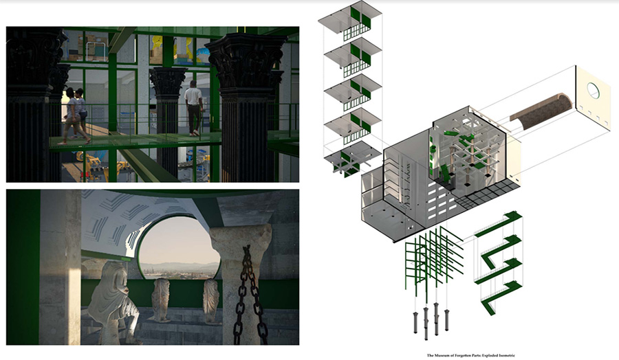 Axonometric and perspective image of the interior of the museum