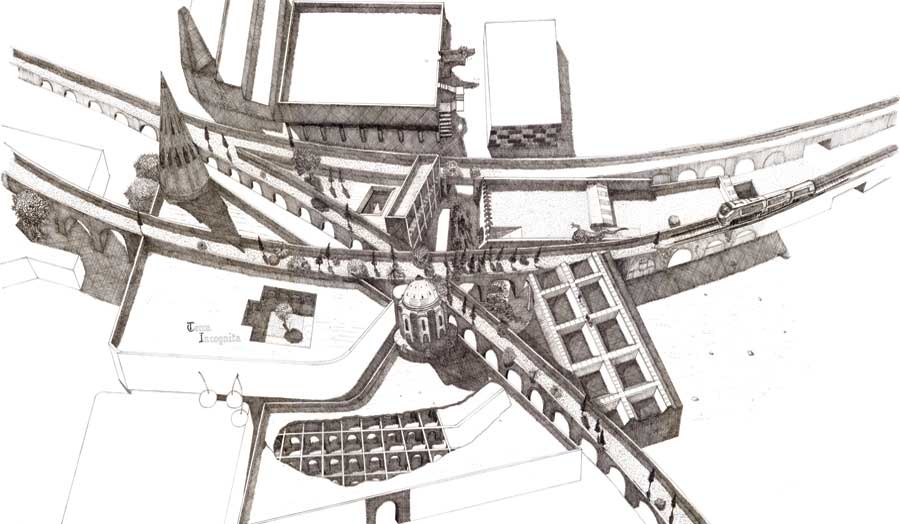 Sepia cut-away axonometric drawing of buildings between 3 viaducts