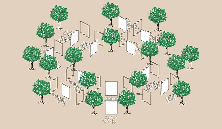 illustration of cluster of green trees with white screens and seats in between