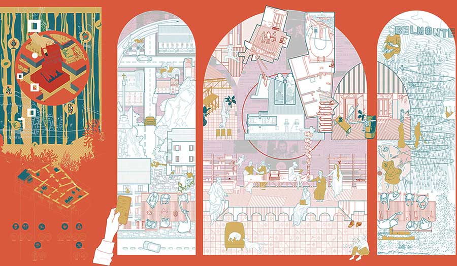 Colourful line drawing depicting everyday activities as they happened in the Casa, Italy