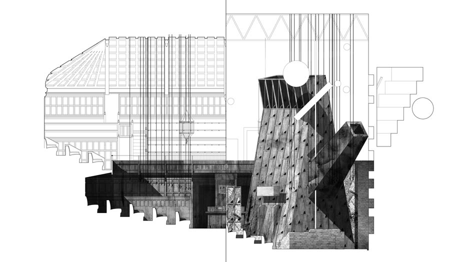 line drawing of an internal elevation of a debating chamber, with an architectural construction set within the space