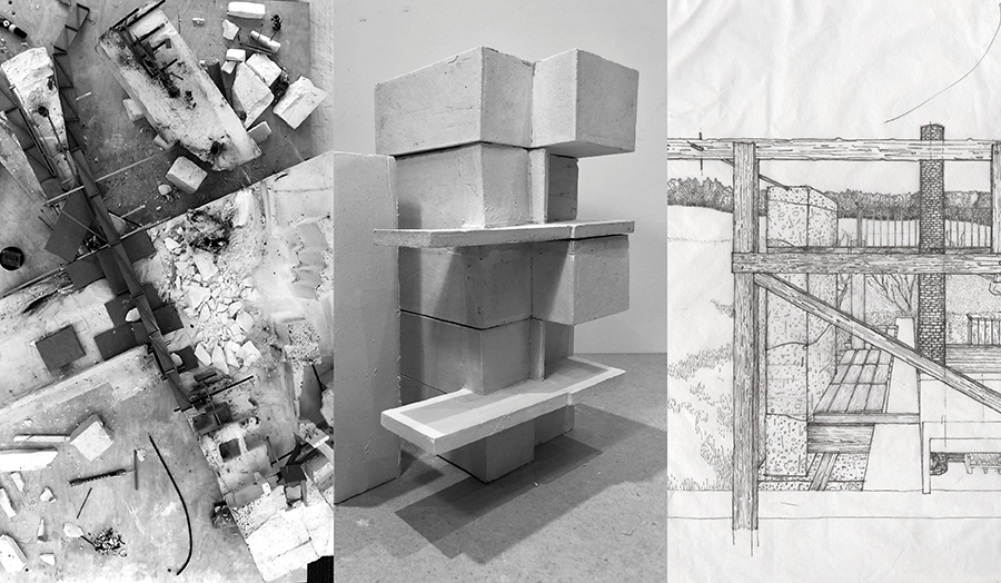 A trio of images of past student work. From left to right; sketch, building model, site model.