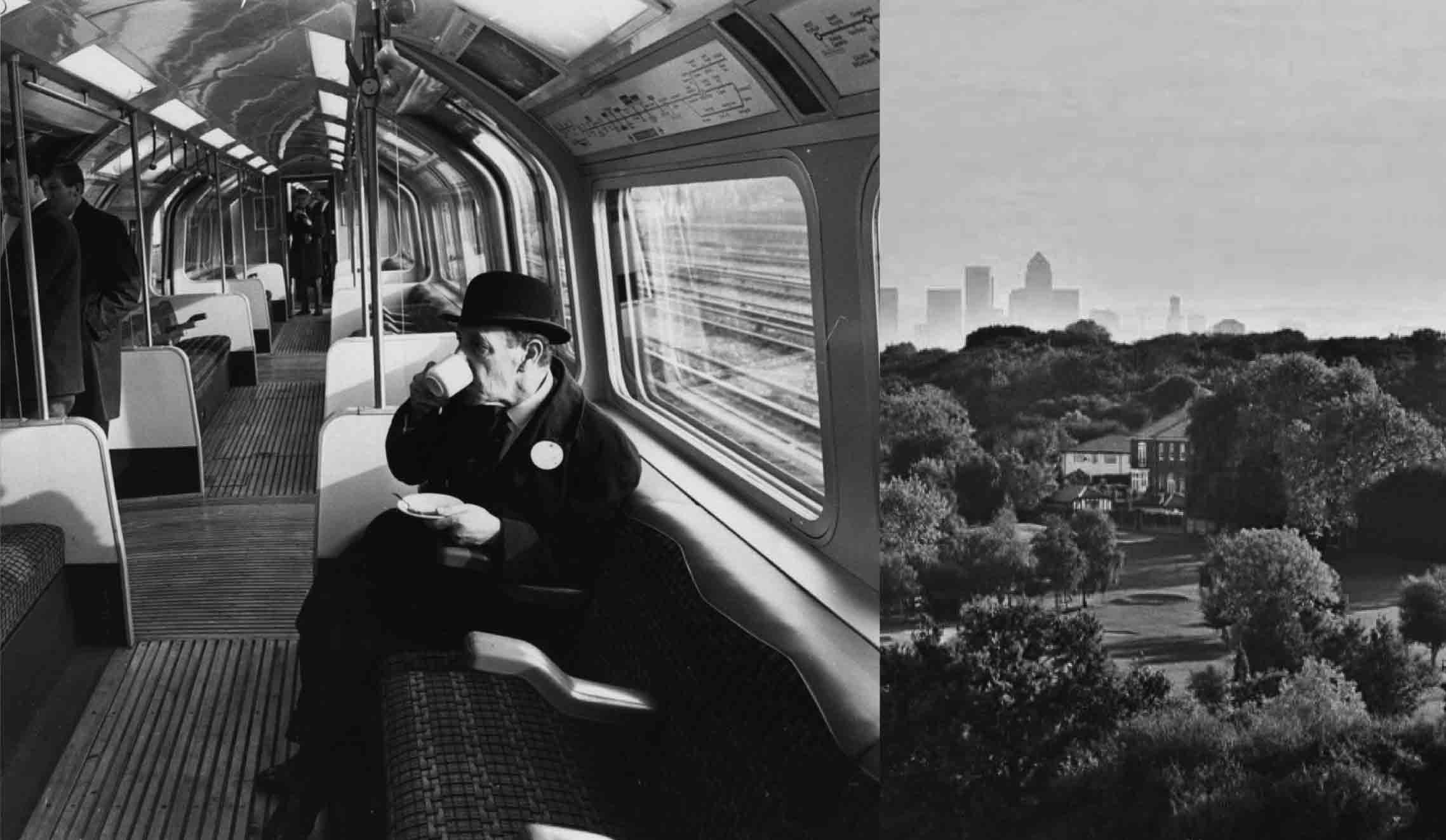 A gentleman sips a cup of tea on his way to work. Canary Wharf towers over a rural scene.