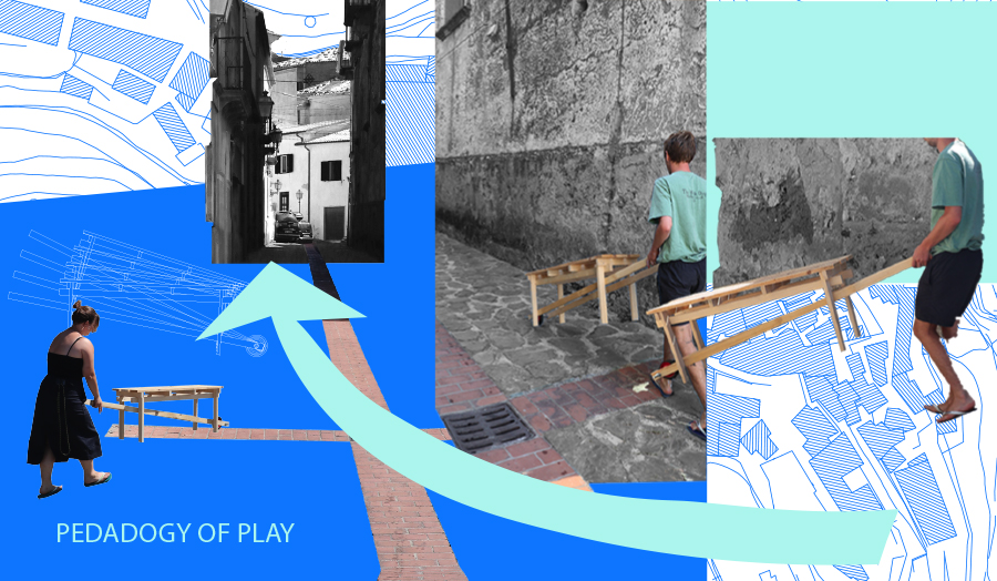 collage of maps and photos of people pushing a wooden object